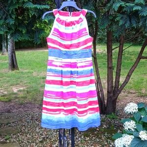 Nine West Red/ White/Blue 98% Cotton Pleated Halter Midi Dress Sz 6